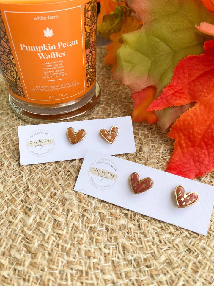 Autumn Gold Trim Heart - polymer clay earring  for wholesale by Clay by Day Designs