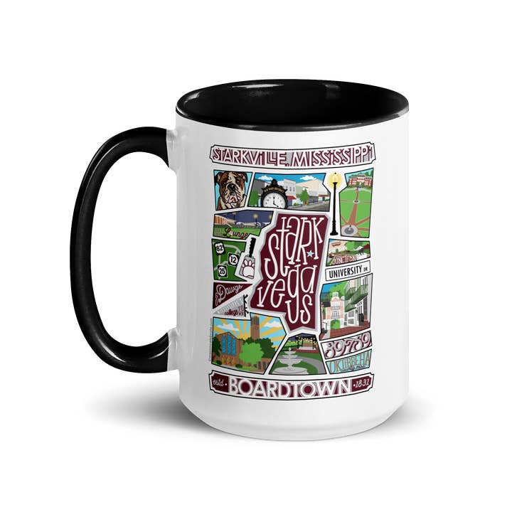 Starkville, Mississippi, Starkvegas Collage Art by Mississippi Artist LeslieGonce Ceramic Mug (15oz with red accents – rim, inside, handle) for wholesale by Mission Celebrate
