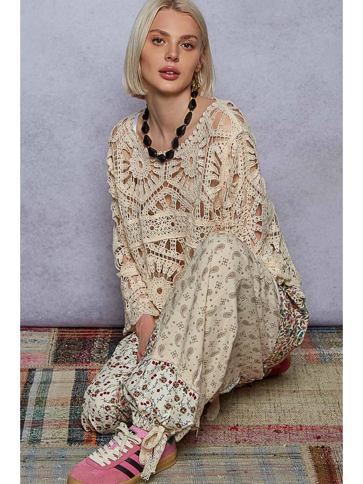 Pol Clothing - Wholesale Knit Top - Women's - Round Neck 3/4 Sleeve Crochet Cropped Top6