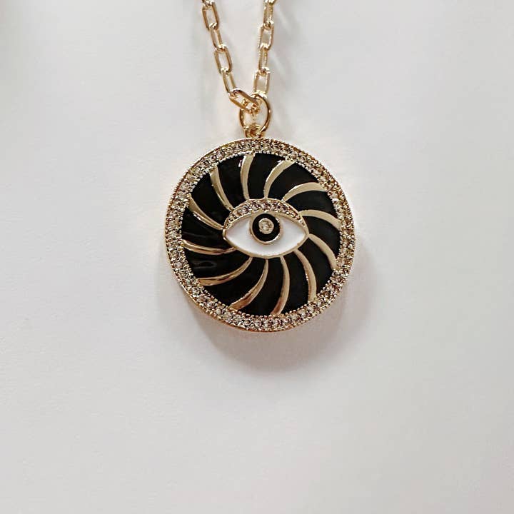 Black Enamel Mind’s Eye Medallion Necklace for wholesale by Lily Max Jewelry