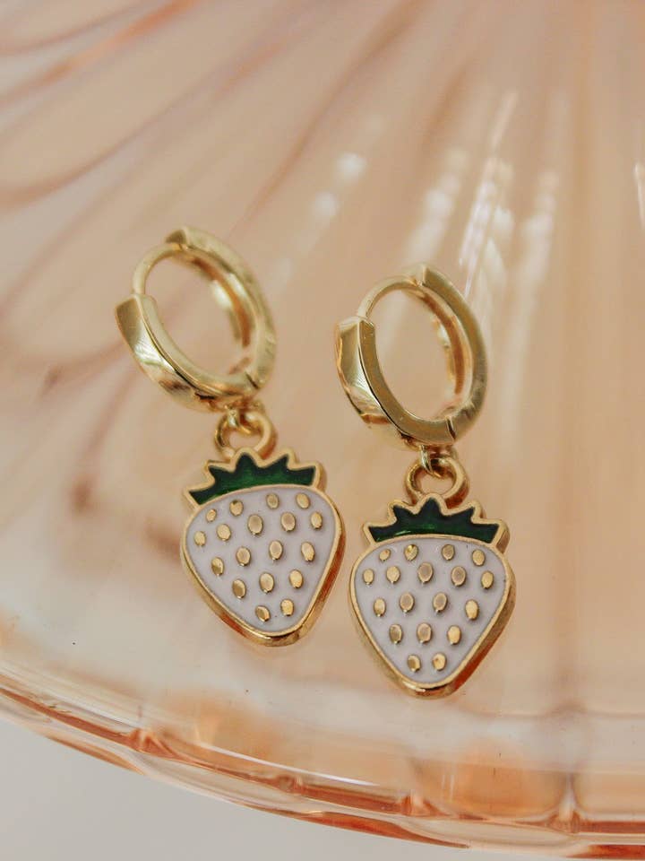 Pink Strawberry Huggie Hoops for wholesale by The Golden Girl Co.