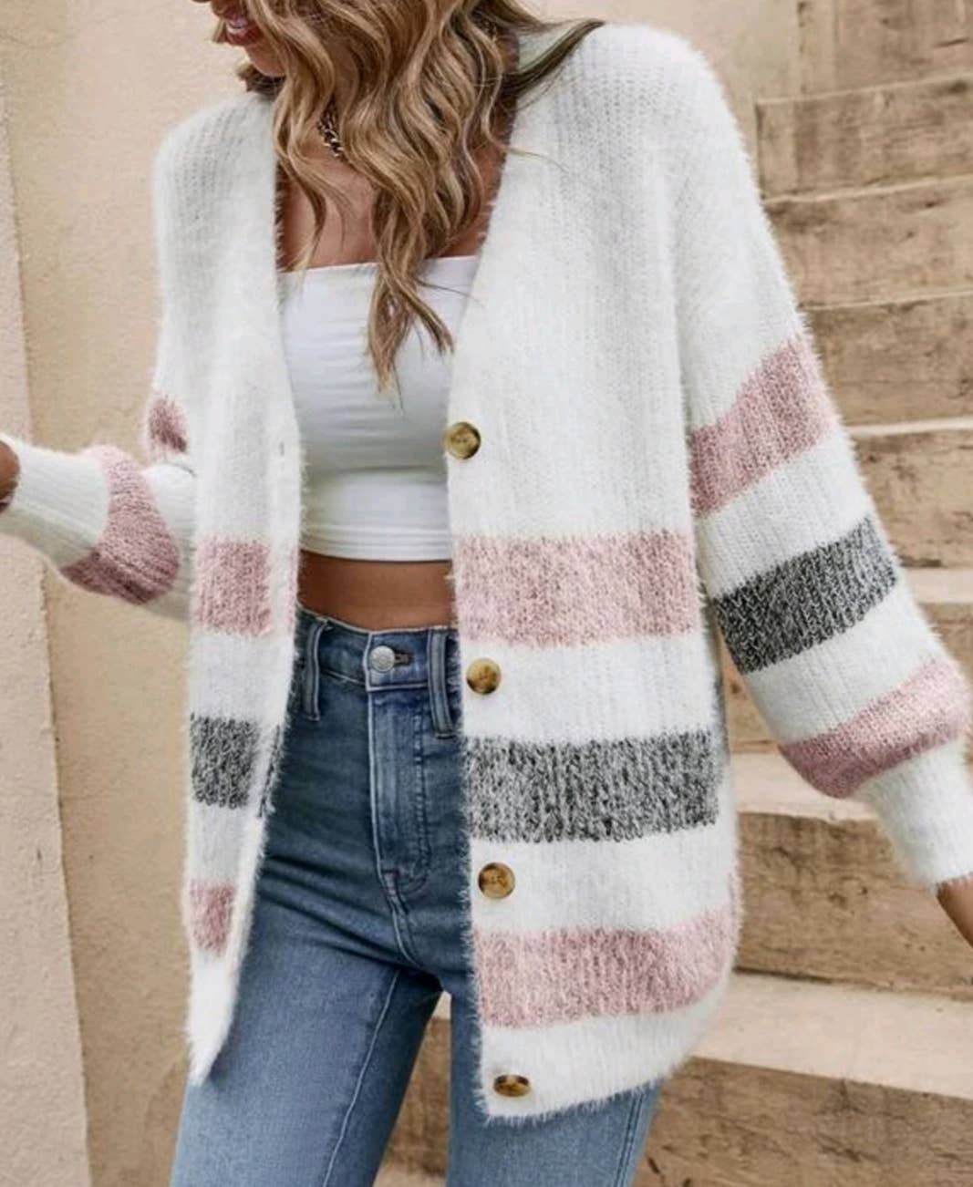 HIDDENBRAND - Wholesale Knit Sweater - Women's - Fall soft loose striped button cardigan4