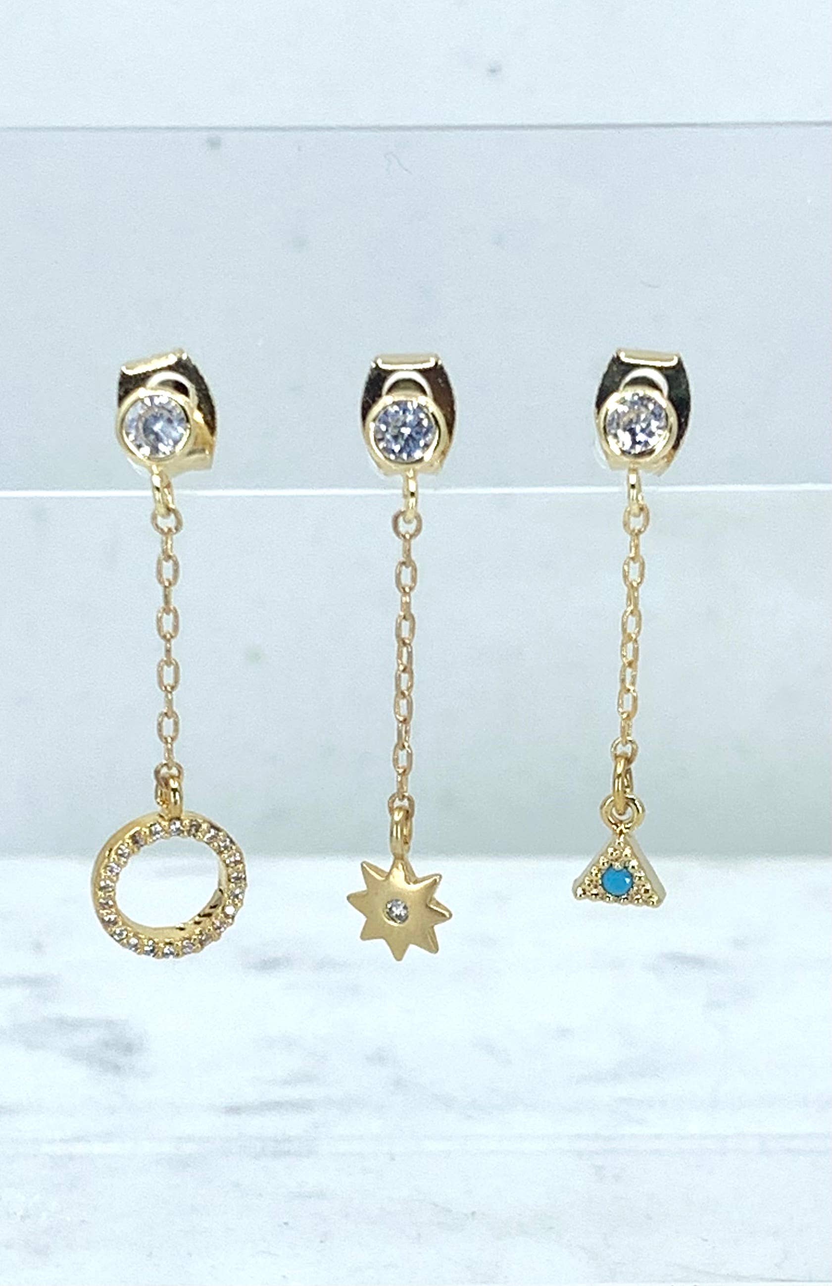 BMR – wholesale Dangle earrings – Bay Handmade CZ Stud Dangle Earrings with Chain Drop