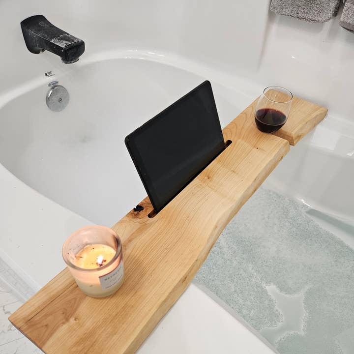 Kindling Re-Purposed Wood Products - Wholesale Bath Caddy - Live Edge Maple Wood Bath Tray For Bathtub Relaxation2