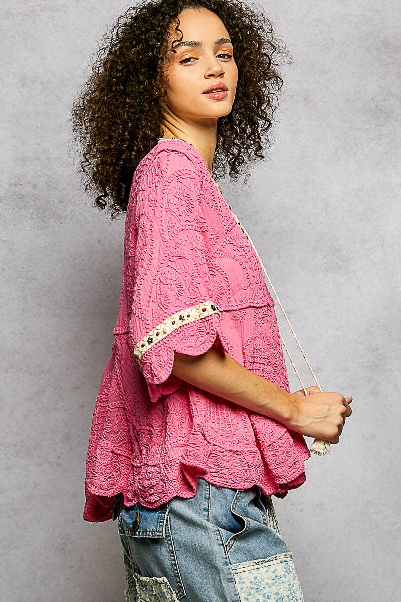 Pol Clothing - Wholesale Blouse - Women's - Short Sleeve Adjustable Drawstring Crochet V Neck Top17