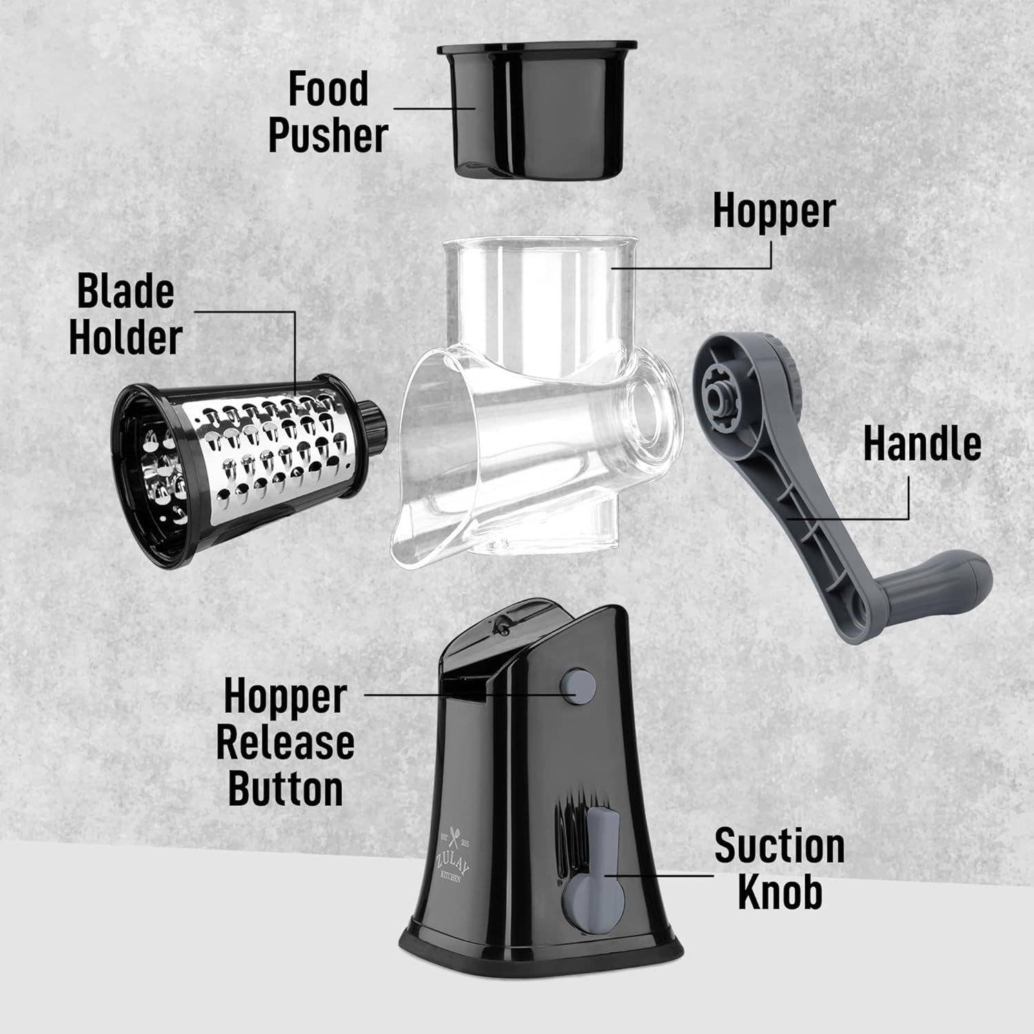 Zulay Kitchen - Vendita all'ingrosso Grattuge - Grattugia rotativa per formaggio con 5 tamburi intercambiabili22