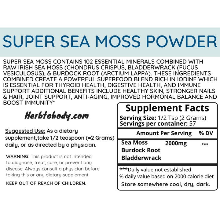 Herb To Body - Wholesale Protein/Superfood Powder - Super Sea Moss Powder 4oz