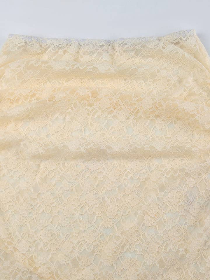 BEIGE Sheer Lace Flare Maxi Skirt for wholesale on Faire7