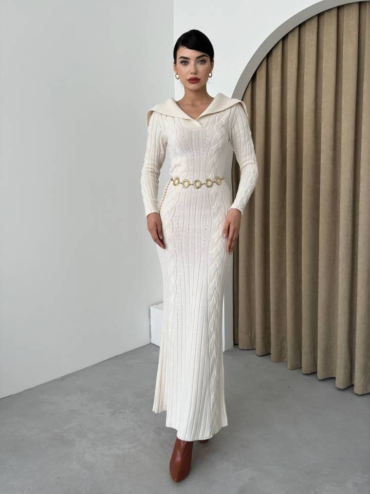 Design company-Fatma Balkir - Wholesale Dress - Women's - Wide Collar Cable Knit Long Slim Dress – Fitted Tricot dress1