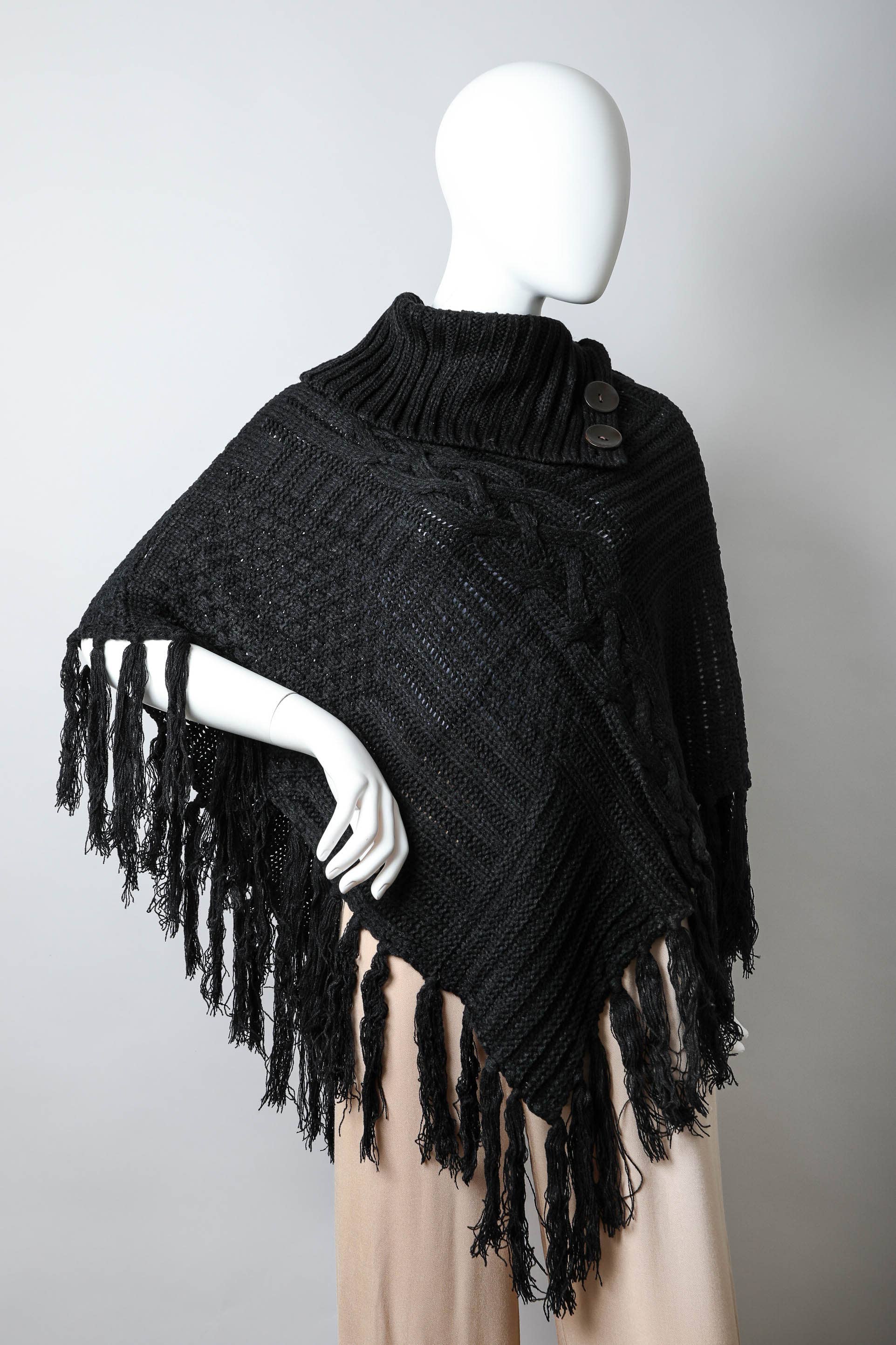 Leto Accessories - Wholesale Poncho - Women's - Turtleneck Cable Knit Poncho With Tassels2