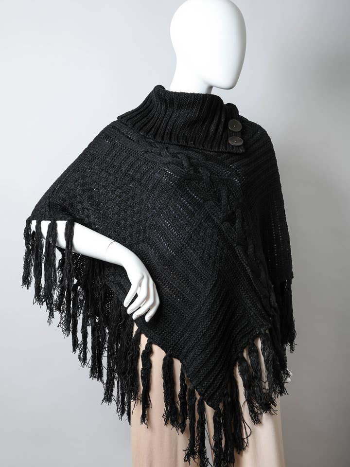 Leto Accessories - Wholesale Poncho - Women's - Turtleneck Cable Knit Poncho With Tassels2