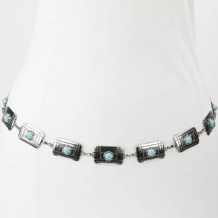 Leather Impressions Inc - Wholesale Belt – Women's - Turquoise Rectangular Concho Chain Belt ABB MLT 10141