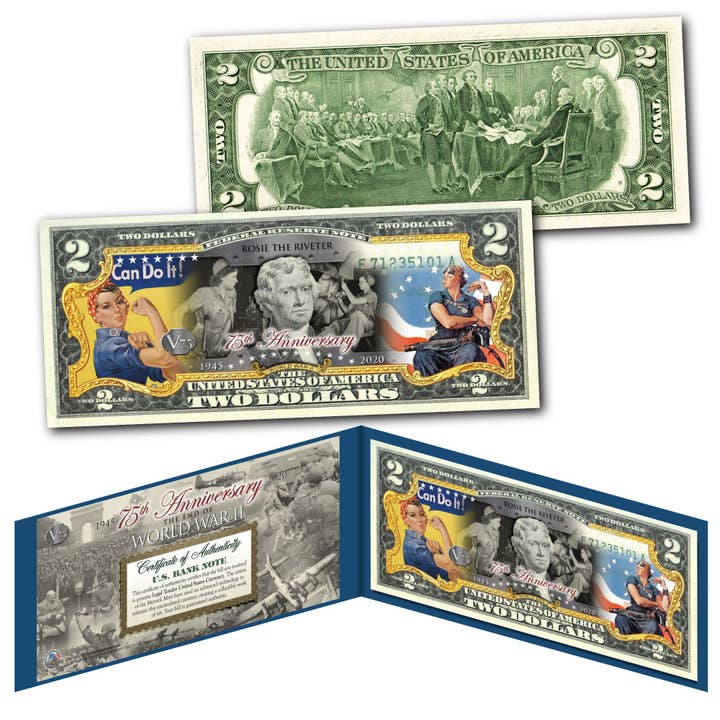 V75-serien - slutet av 75-årsjubileum* Rosie Riveter* Äkta tvådollarräkning - skickas snabbt - gratis fartyg till USA för wholesale av The Merrick Mint