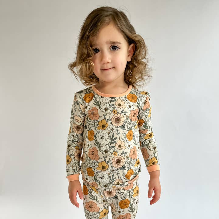 Pijama de 2 piezas para niños pequeños y niños de TENCEL Modal suave, floral albaricoque para venta al por mayor de tiny knot co.