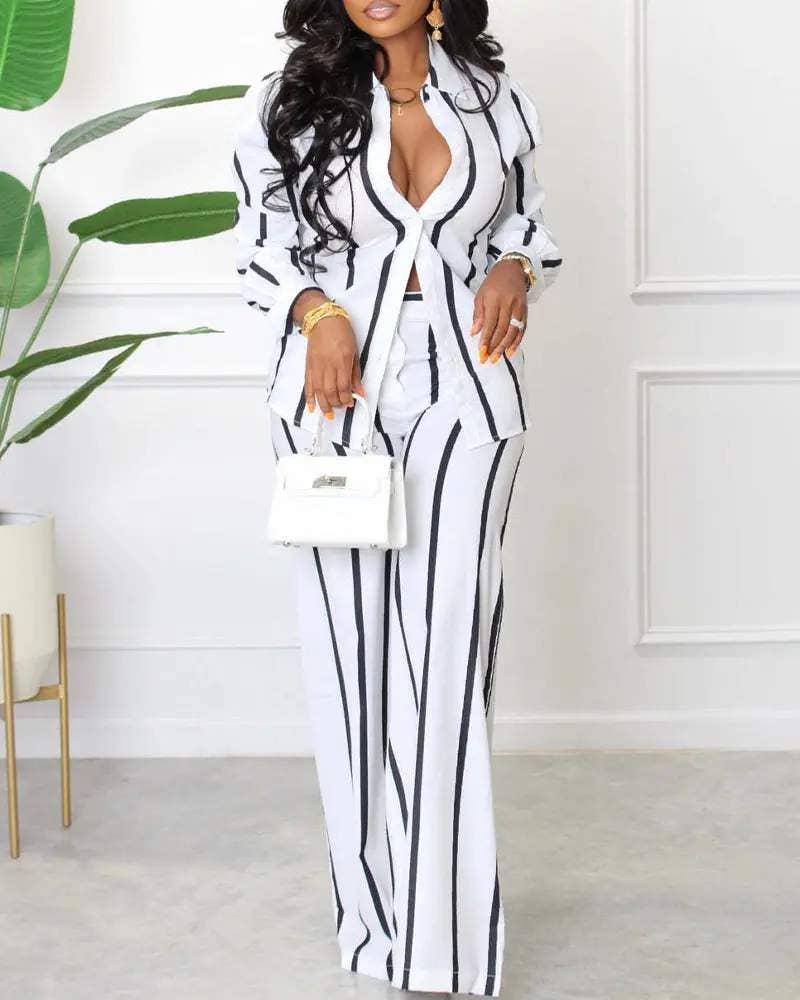 Fashion Combination - Wholesale Top & Skirt Set - Women's - striped long sleeve button down shirt pants set10