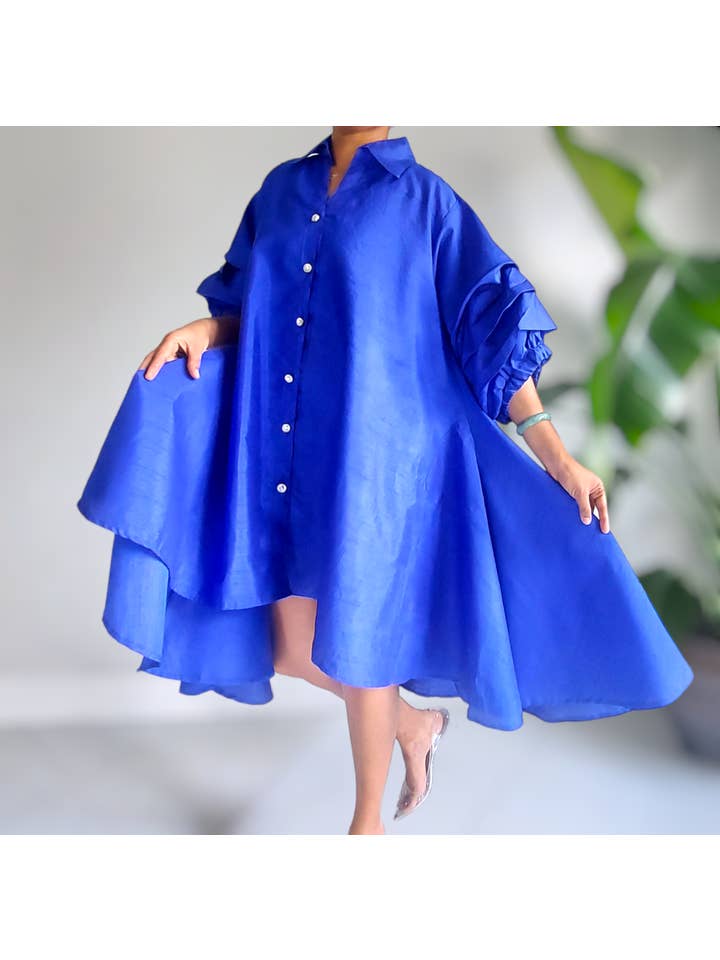 India Batik – Engroshandel Kjole - Dame – Swingkjole i kunstsilke med flæseærmer - Royal blå3