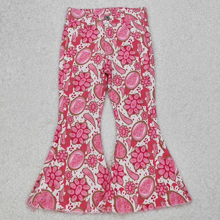 Aier Wholesale - Wholesale Jeans - Kids - Baby Girls Pink Turquoise Denim Flare Pants Jeans