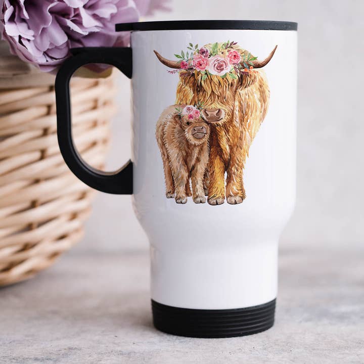 Floral Highland Cows Travel Mug for wholesale by DoodlecardsBoutique