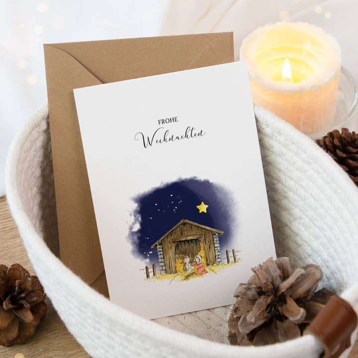 Biglietto di Natale - Buon Natale | Cartolina ad acquerello Presepe per la vendita all'ingrosso da parte di Funkenbunt