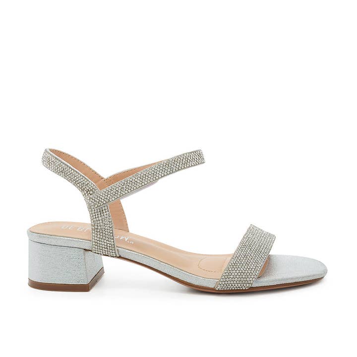 Sandalo con cinturino in velcro e strass a tacco basso per la vendita all'ingrosso da parte di De Blossom Collection