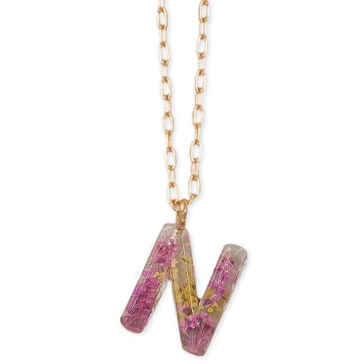 Vintage Monogram N Dried Flower Gold Necklace for wholesale by ZAD