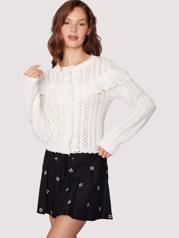 Irina Scallop Lace Pointelle Cardigan - White Knit Spring for wholesale by Lost + Wander