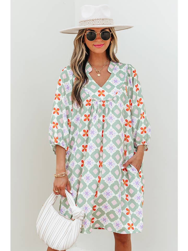 As shown Geometric Floral Print Notched Neck Mini Dress | S-XL for wholesale on Faire