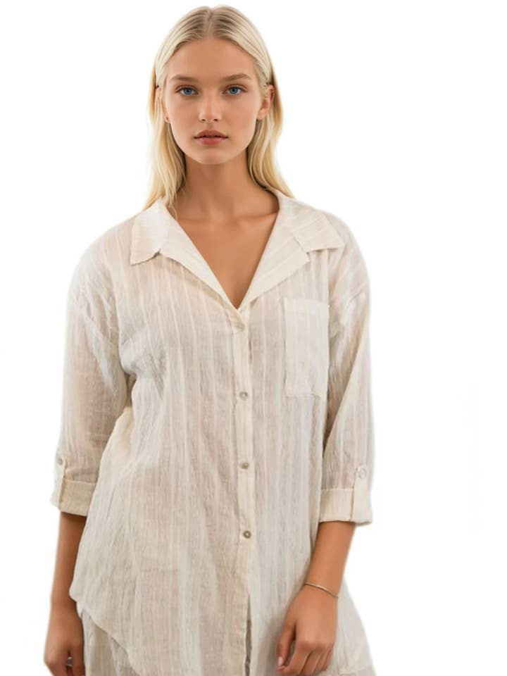 Cotton Gauze w/ Lurex Stripes Wanderlust Button Front Shirt for wholesale by Subtle Luxury