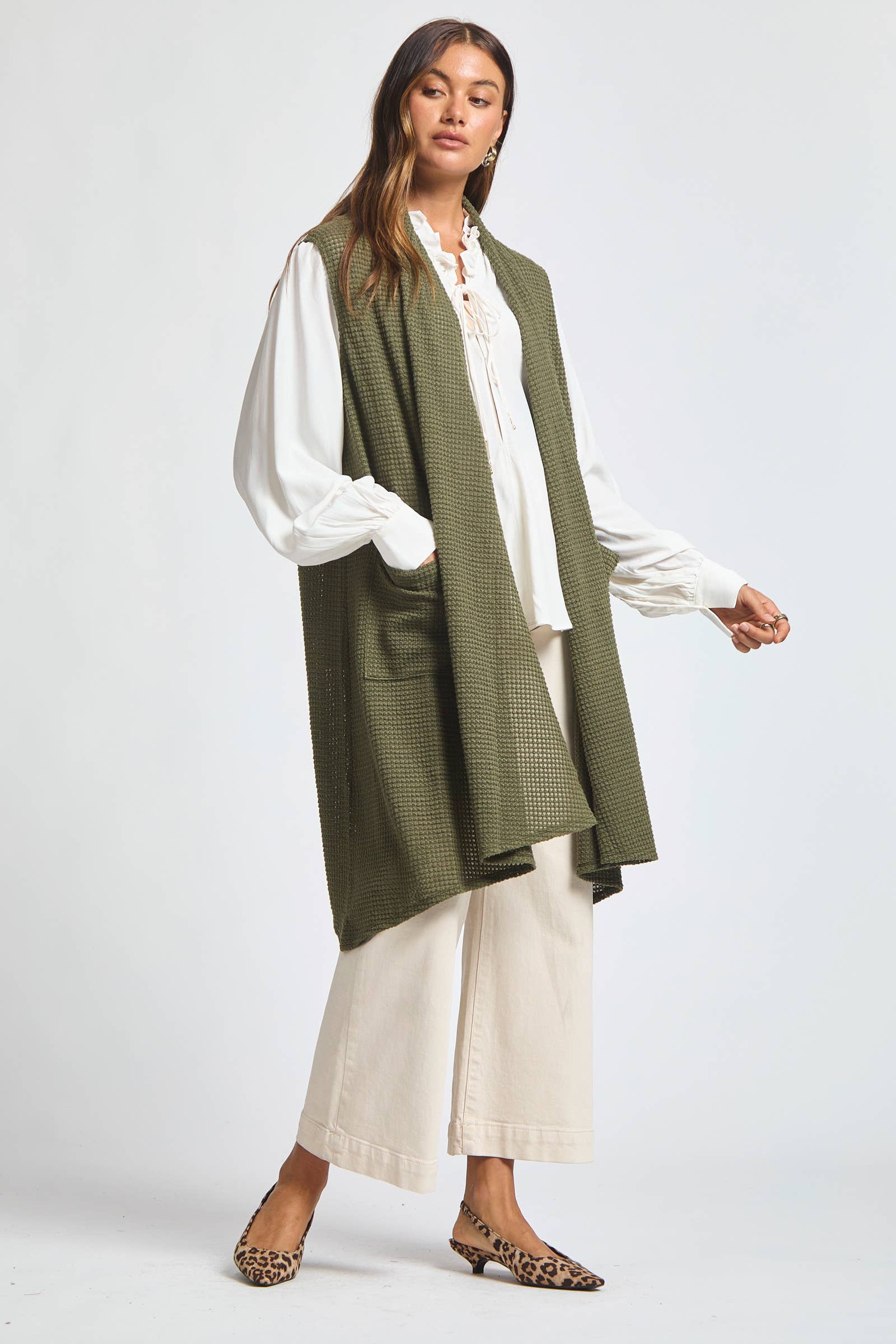 Dear Scarlett - Wholesale Outerwear Vest - Women's - Sleeveless Crochet Midi Vest Cardigan15