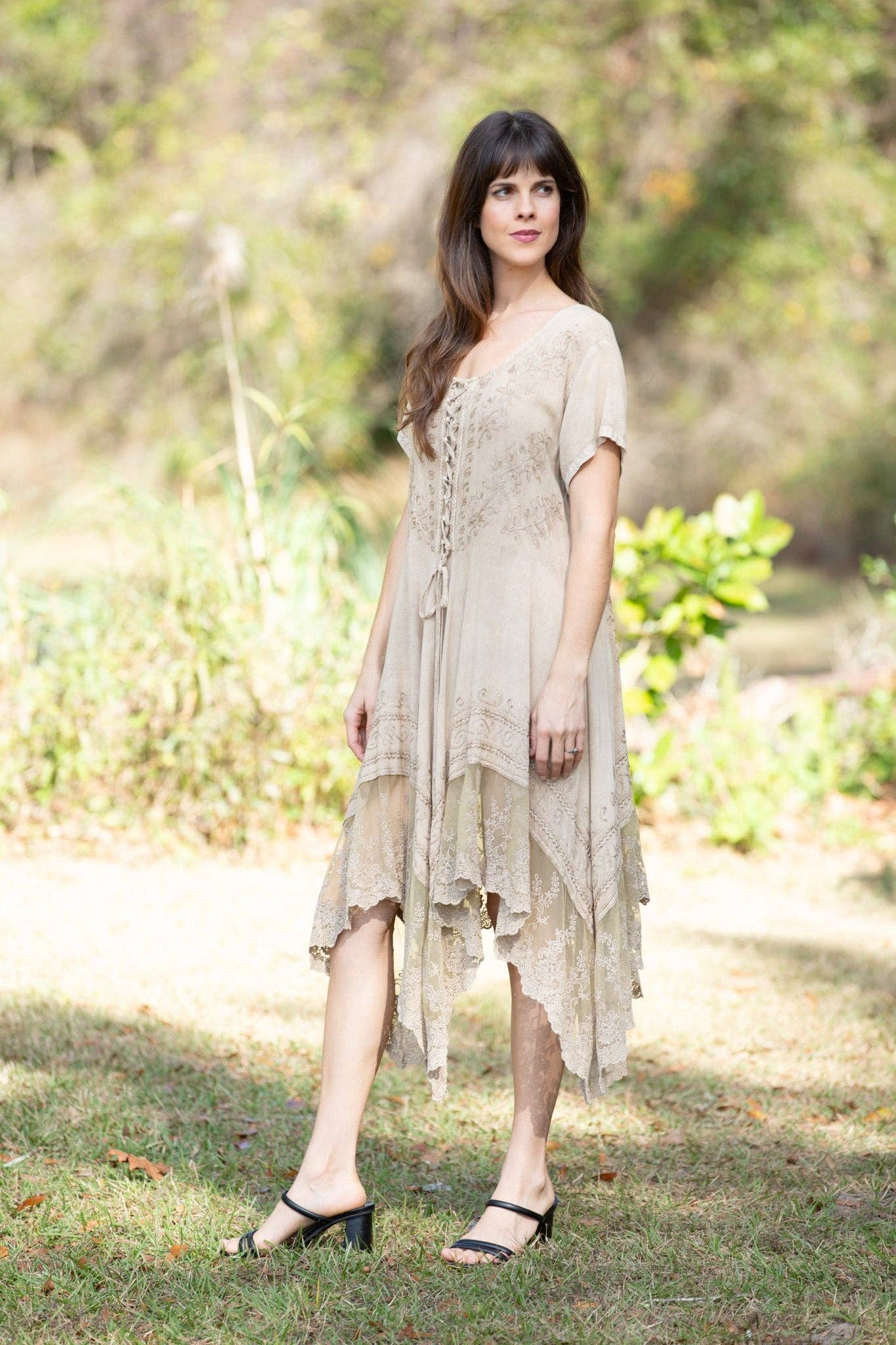 Sacred Threads - Wholesale Dress - Women's - Embroidered Artisan Camel Dress with Lace0