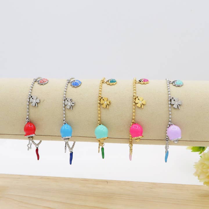 Daemon srls - Wholesale Charm/Dangle Bracelet - TINKERBELL LUCKY ~ Bracciale ACCIAIO INOSSIDABILE con campanella e charms portafortuna