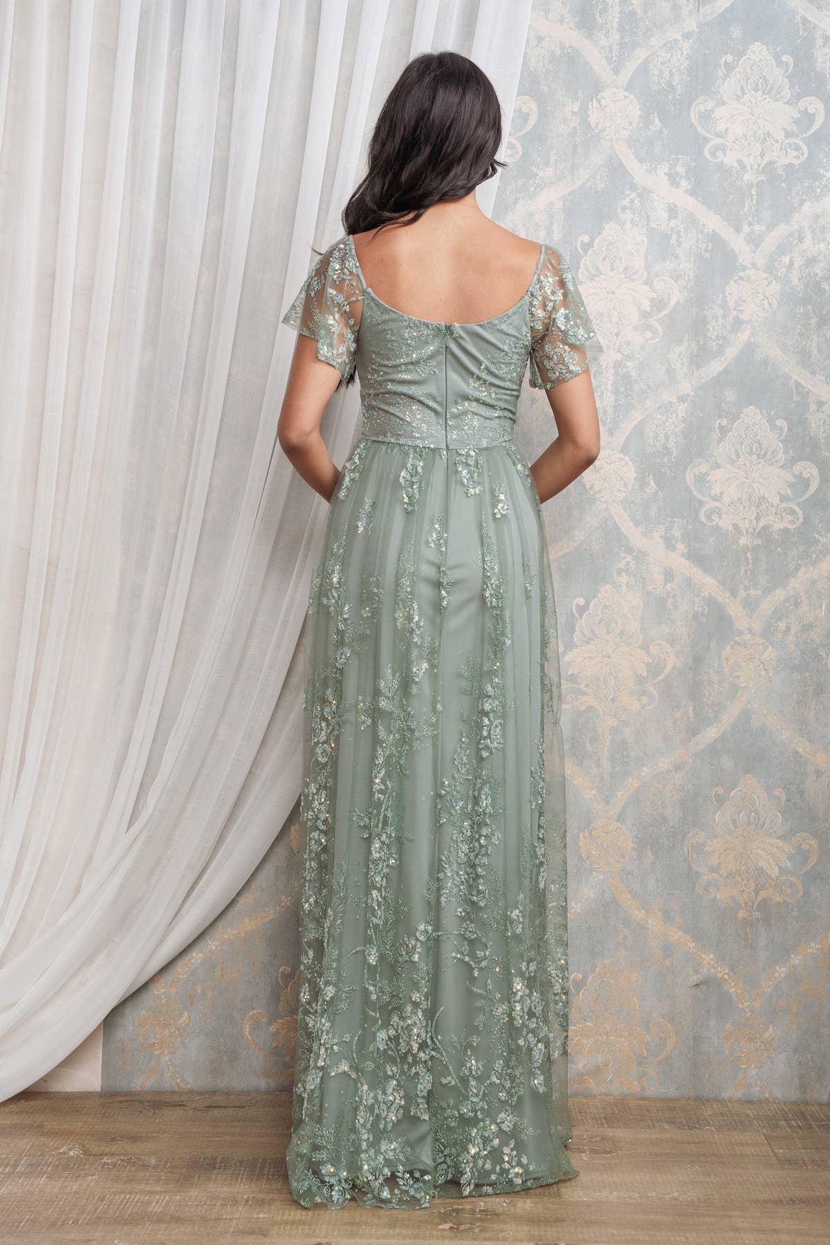 Rosemore Couture - Wholesale Gown - Women's - Glitter Sequined Flutter Sleeve Maxi Dress 15