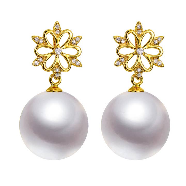 Brincos de pérolas G18k Snowflake Diamonds por atacado de Timeless Pearl
