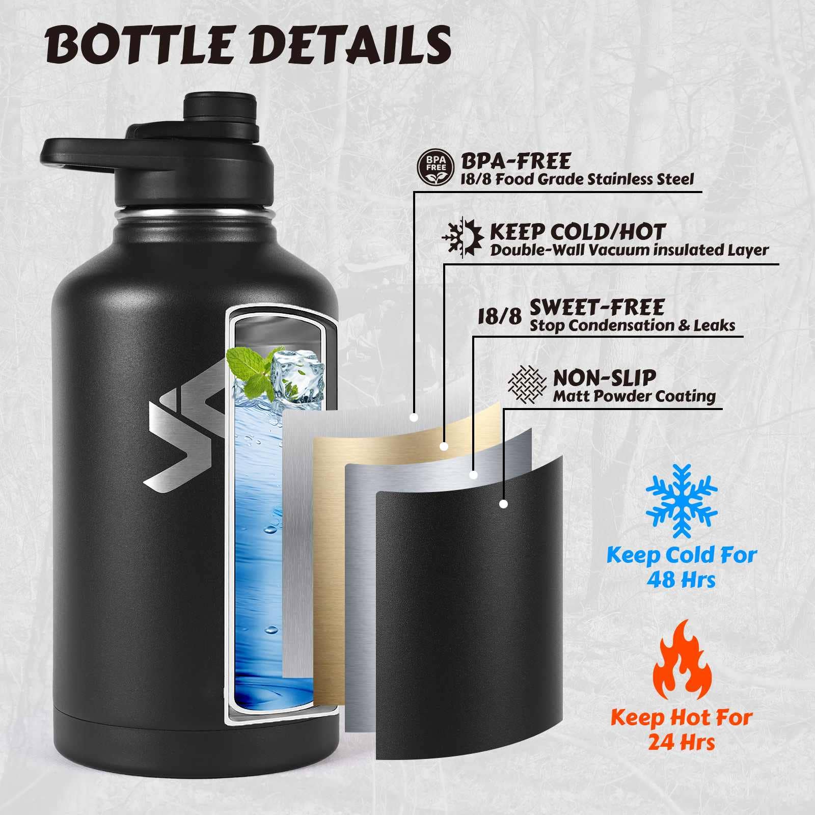 Antarctica Outdoors - Wholesale Water Bottle - Votagoo 64Oz Half Gallon Stainless Steel Insulated Tactical Water Bottle with Metal Military Water Bottle Tactical Carrier Bag13