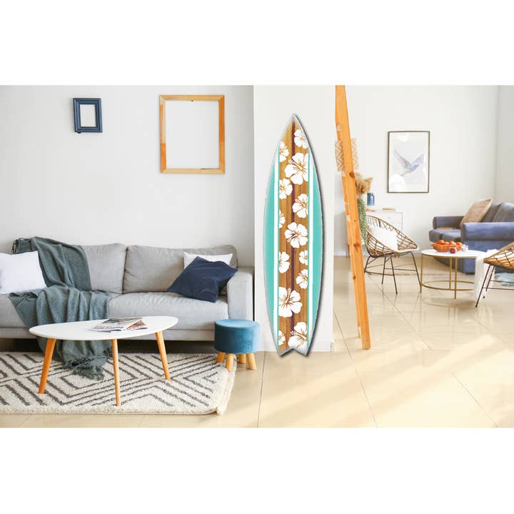 Jarmz Designs - Venta al por mayor Papel pintado 3D - Tabla de surf decorativa hibisco azul verdoso y blanco2