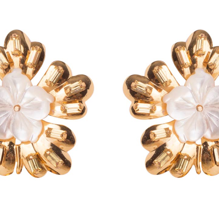 Bounkit - Wholesale Stud/Post Earrings - Mother of Pearl and Lemon Quartz CZ Earrings