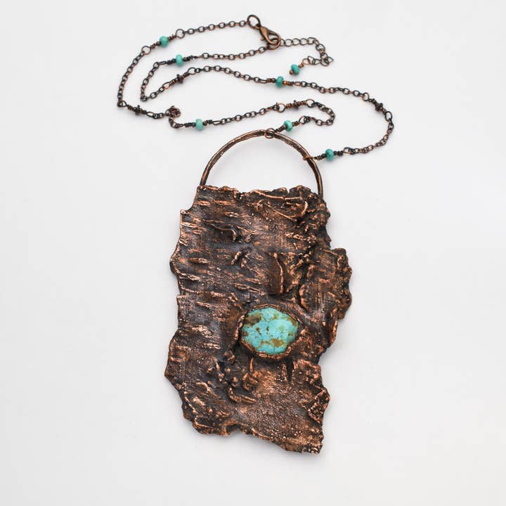 Natural Tree Bark Statement Copper Necklace with Turquoise for wholesale by The Wacky Wanderers