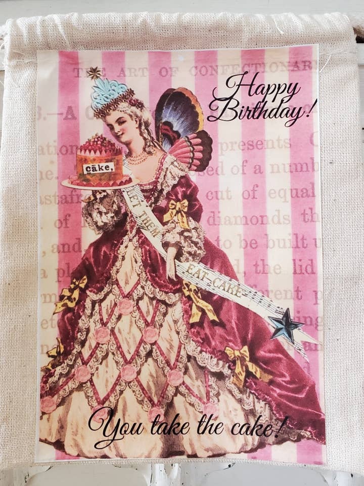 Geschenkzakje van katoen en canvas Maire Antoinette Happy Birthday voor wholesale door Little Heart Designs
