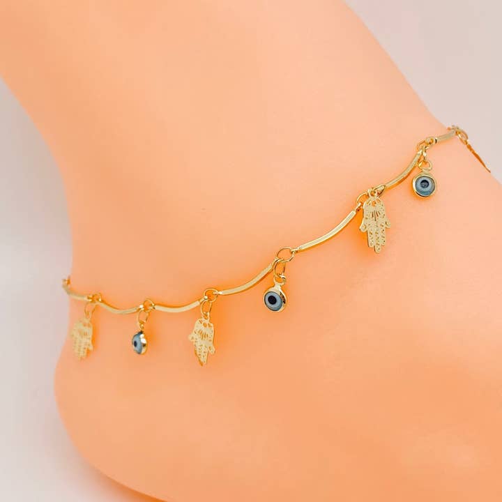 Enamel Blue Eyes Golden Palm Chain Anklet for wholesale by Mio Queena