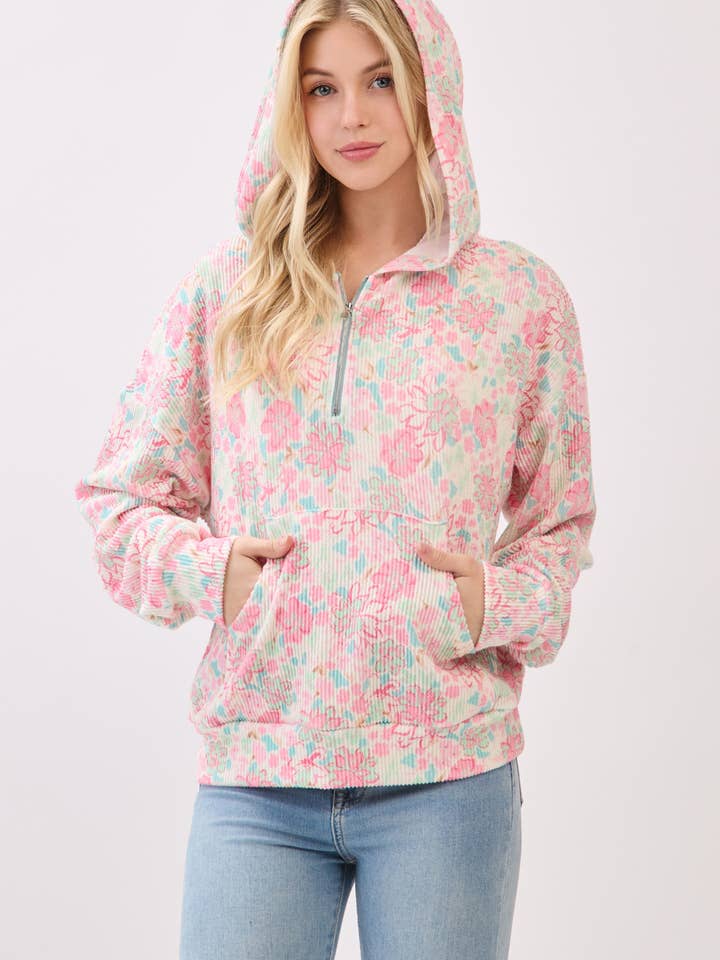 Floral Ribbed Quarter-Zip Hoodie for wholesale by BOMBOM