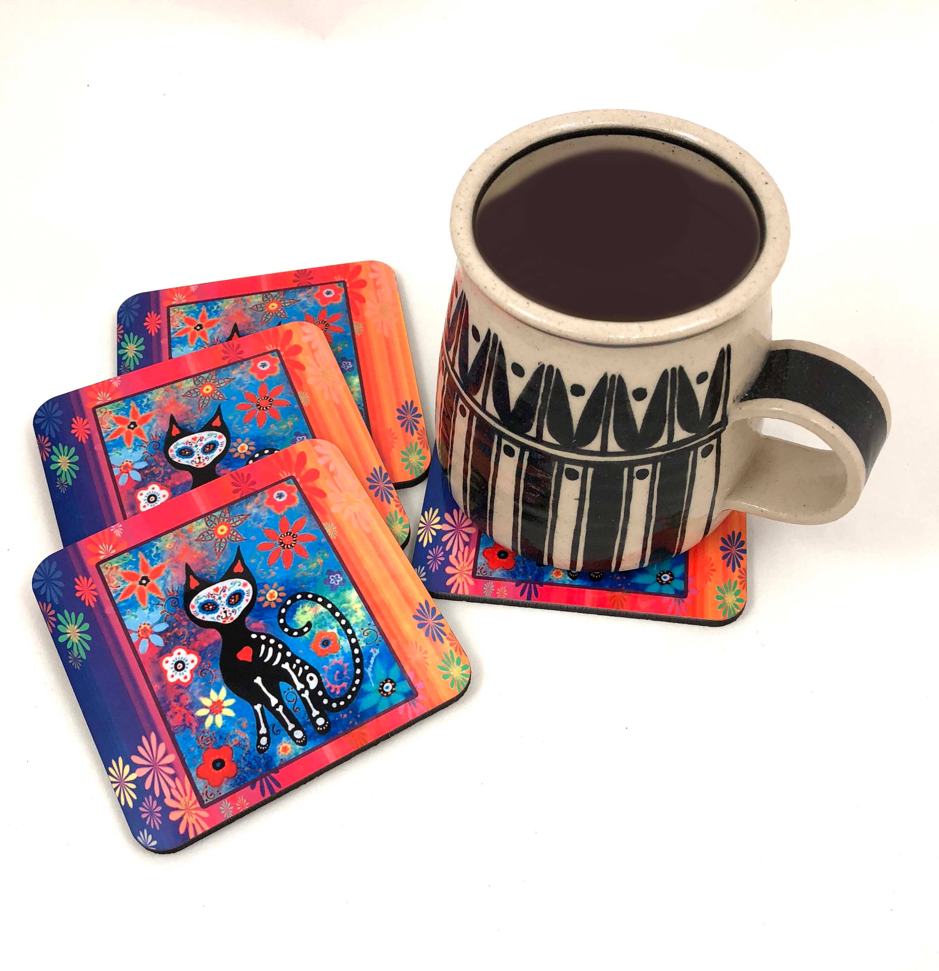 GP Originals - Wholesale Coasters - Day of the Dead, Cat Folk Art 4 piece coaster set