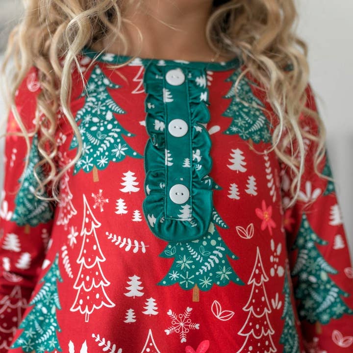 Oopsie Daisy - Wholesale Nightdress - Kids - Kids Red & Green Christmas Tree Ruffle Lounge Play Gown