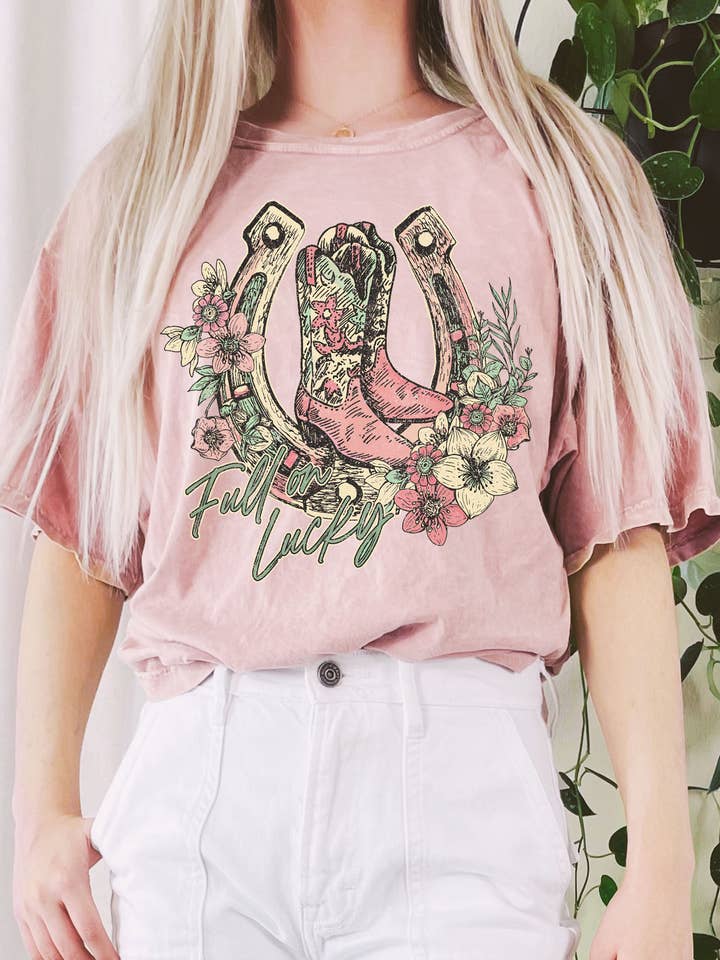 FULL ON LUCKY FLOWER HORSESHOE MINERAL GRAPHIC LONG CROP TOP for wholesale by Rustee Clothing
