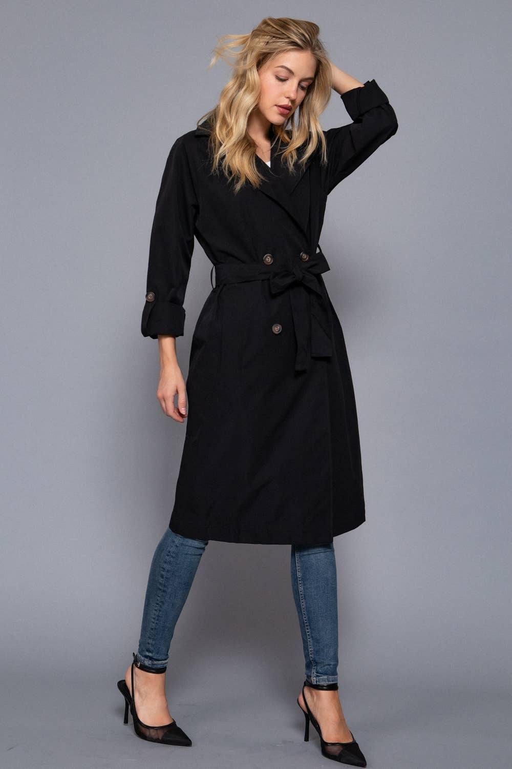 Active Basic | Active USA - Wholesale Trench Coat - Women's - Long Sleeve V-Neck Lapel Collar Trench Coat with Belt5