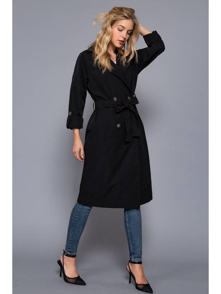 Active Basic | Active USA - Wholesale Trench Coat - Women's - Long Sleeve V-Neck Lapel Collar Trench Coat with Belt5