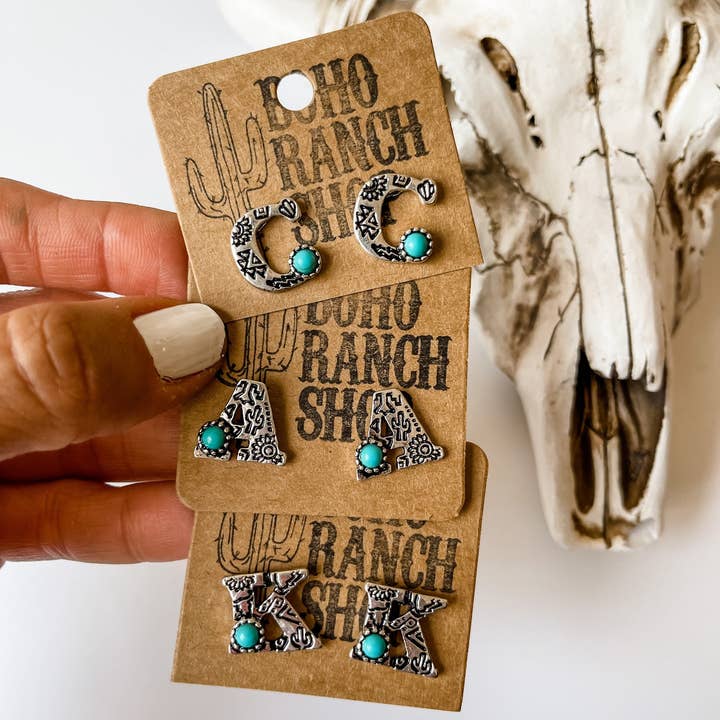 Boho Ranch Shop - Wholesale Stud/Post Earrings - Western Stamped Initial Studs Earrings