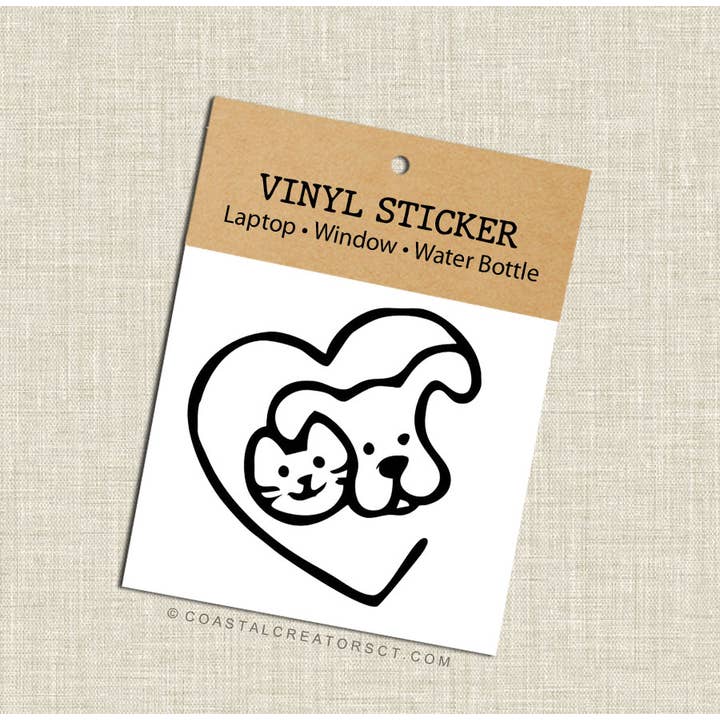 Dog & Cat Heart Outline Black Vinyl Sticker (Packaged) for wholesale by Coastal Creators of Connecticut