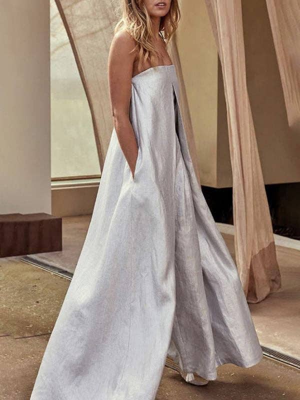 SILVER Casual Wide Leg Strapless Solid Color Tube Jumpsuits for wholesale on Faire5