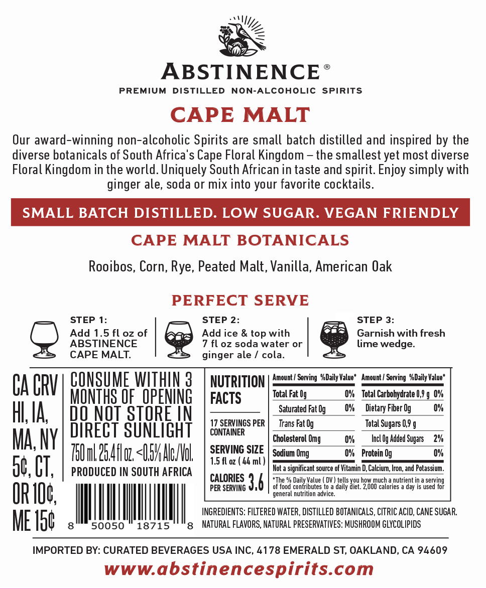 Abstinence Spirits - Wholesale Non-Alcoholic Spirits/Wine/Beer - Cape Malt Non-alcoholic Whiskey Alternative2