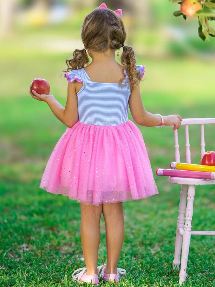 Pink Cap-Sleeve Apple Applique Dress w/ Tulle Sequin Tutu for wholesale on Faire3